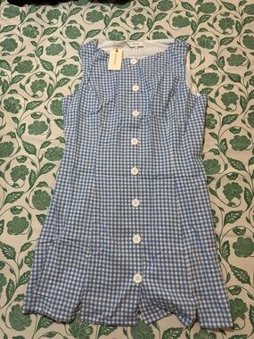 Blue Gingham Button-Front Sleeveless Dress